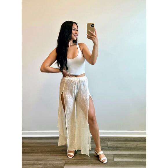 Savannah Morrow Crinkle Open Slit Pants in Ivory Size XXL Pull On Textured - Picture 1 of 4